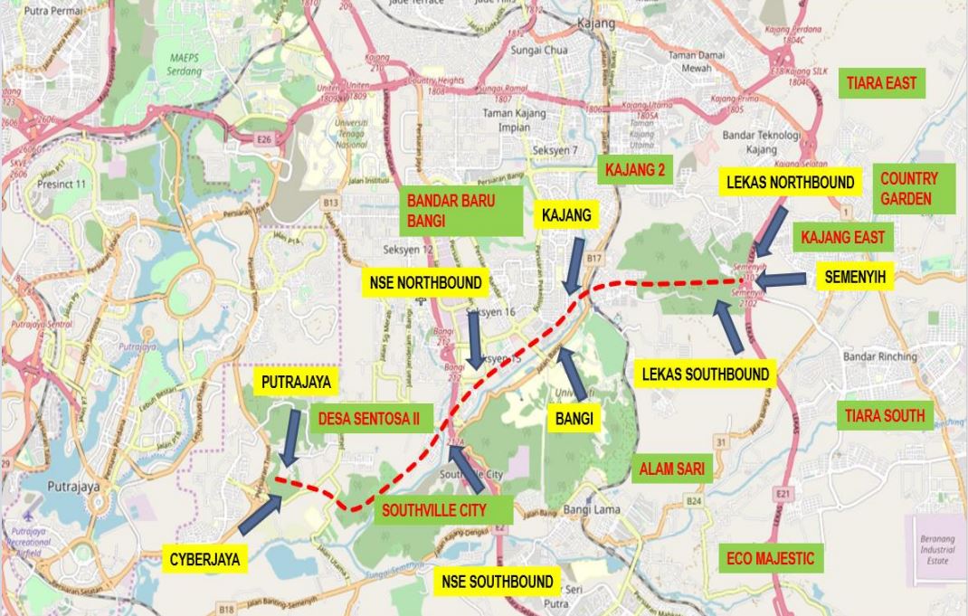 The proposed alignment for the Putrajaya-Bangi Expressway project. – The Vibes pic, June 8, 2022