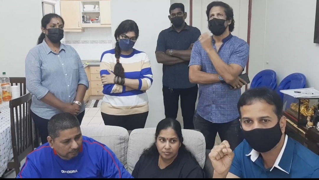 Revnesh Kumar’s parents, Naresh Kumar Lachemenan (front left), Vijayarani Govindan (centre), with activists from Malaysia Tamilar Munnetrea Kalagam, and the Global Human Rights Federation and its president S. Shashi Kumar (front right). – Pic courtesy of GHRF, February 25, 2022