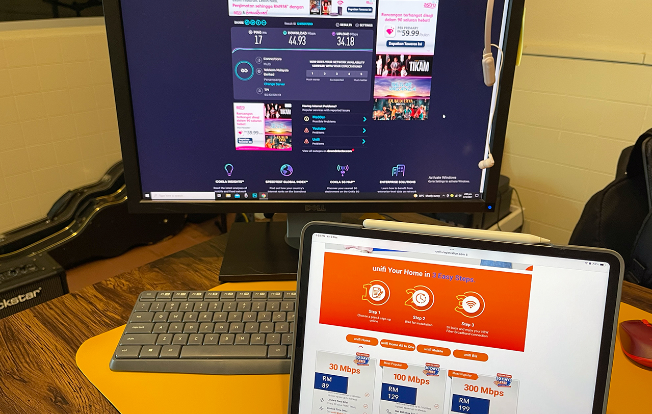 A small business owner in Sabah, who subscribes to a telco’s 100Mbps internet service for RM146 a month, shows the speed in his office in Kota Kinabalu. – The Vibes pic, December 4, 2021