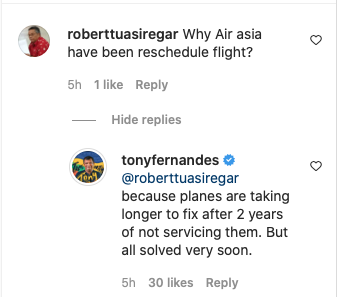 A screen grab of Tan Sri Tony Fernandes’ reply to a user on Instagram, where he explained that the frequent rescheduling of flights is due to planes having to be serviced. – Screen grab pic, July 9, 2022