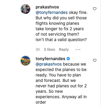 A screen grab of Tan Sri Tony Fernandes’ reply to a user on Instagram, where he explained that AirAsia had never had to deal with the problem of having planes out of service for two years. – Screen grab pic, July 9, 2022