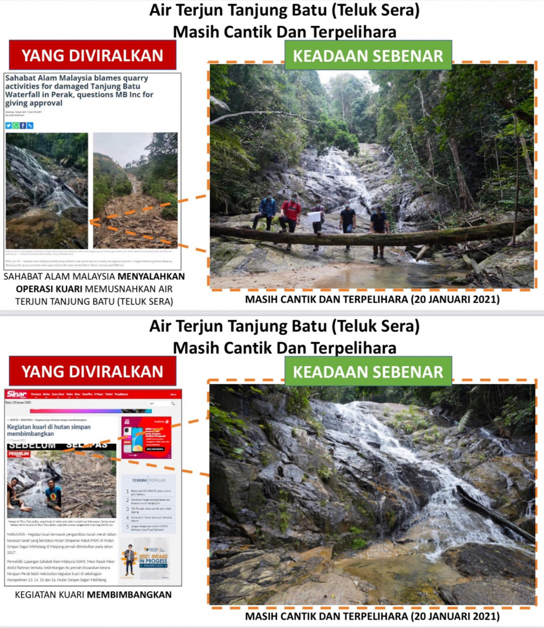 Photos posted by the Energy and Water Ministry on Twitter countering claims that the Tg Batu Teluk Sera waterfall has been badly affected by quarrying works in the area. – Twitter pic, January 24, 2021