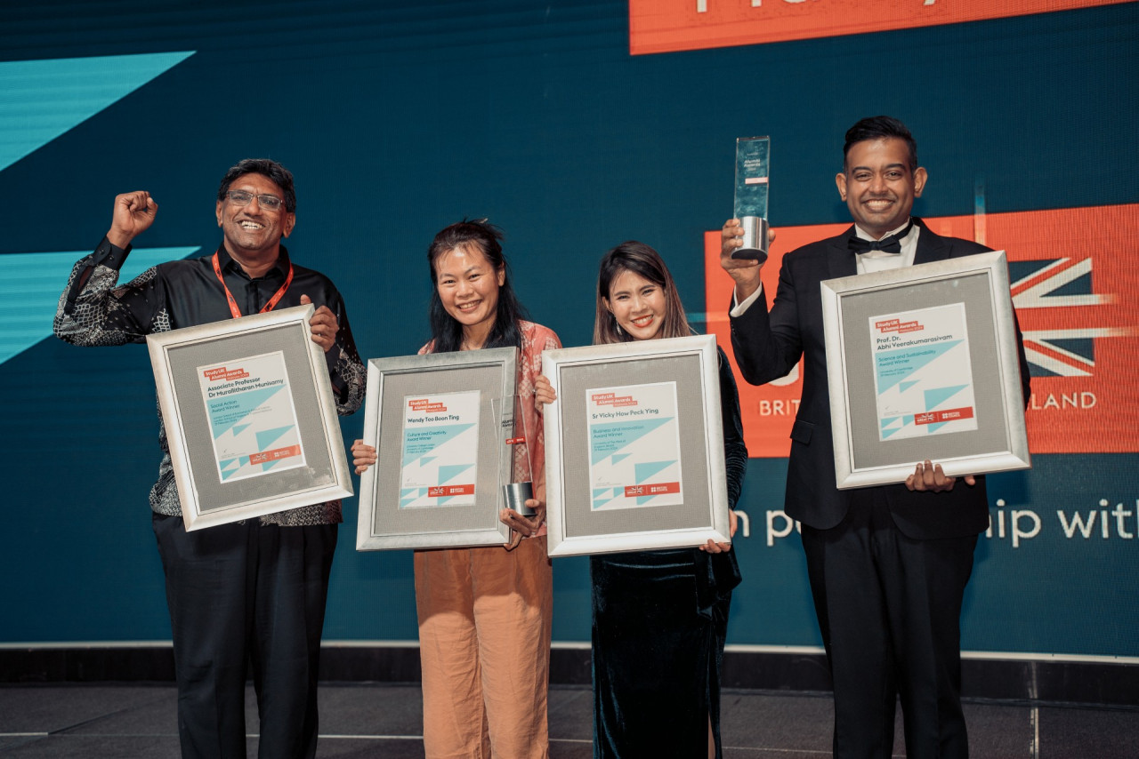 Epitomising the significance of UK-Malaysia relations are award winners (from left) Dr Murallitharan Munisamy, Wendy Teo Boon Ting, Vicky How Peck Ying and Dr Abhi Veerakumarasivam.