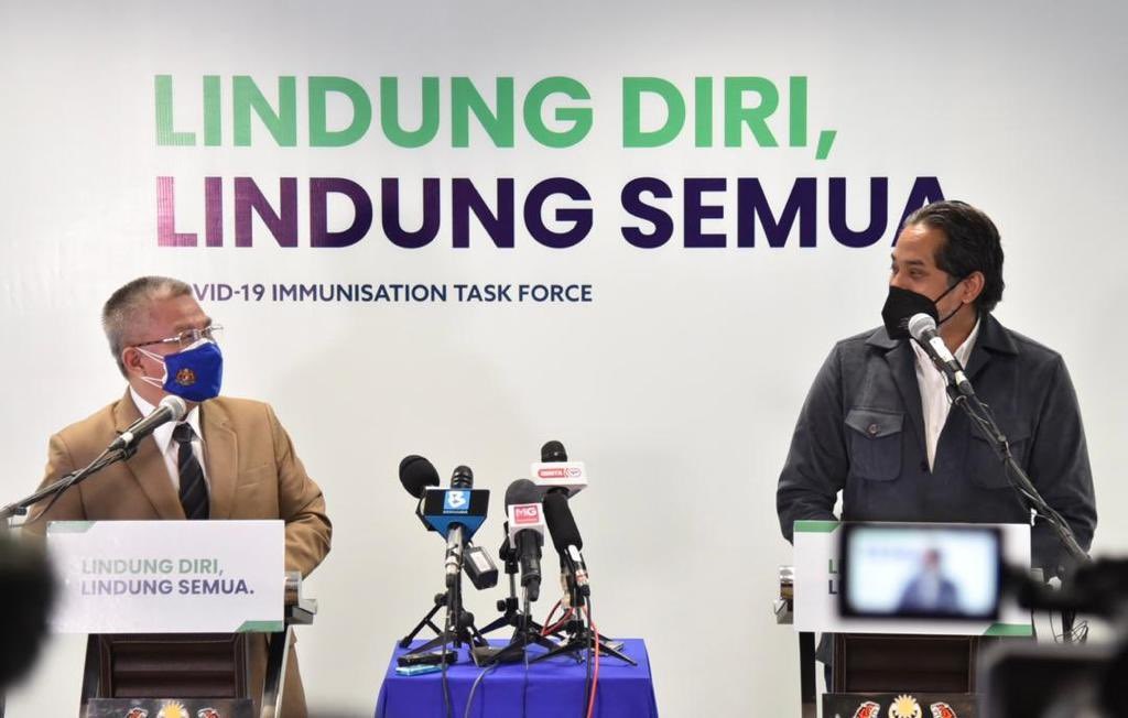 Mosti Minister Datuk Seri Dr Adham Baba (left) and Health Minister Khairy Jamaluddin at the press conference in Putrajaya today. – KKMPutrajaya Twitter pic, September 8, 2021