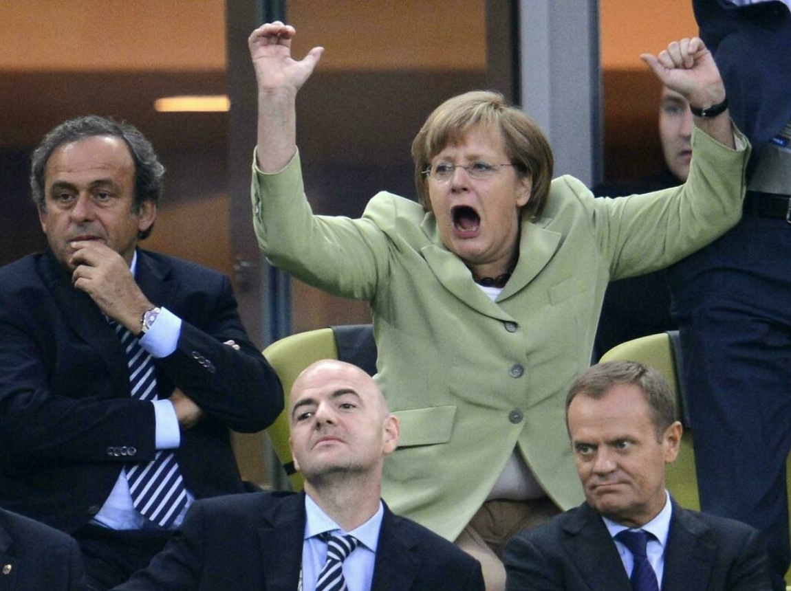 Angele Merkel celebrating a goal at the 2012 Euro 2012 championships. – AFP pic, August 26, 2021