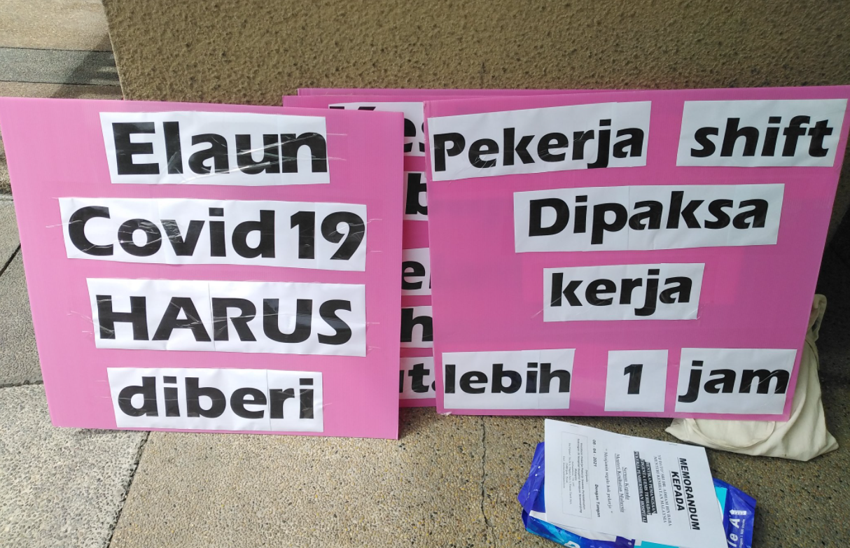 Placards and a memorandum left by the Edgenta UEMS hospital cleaners’ union at the Health Ministry building in Putrajaya earlier this month. – Kesatuan PSHK Twitter pic, April 25, 2021