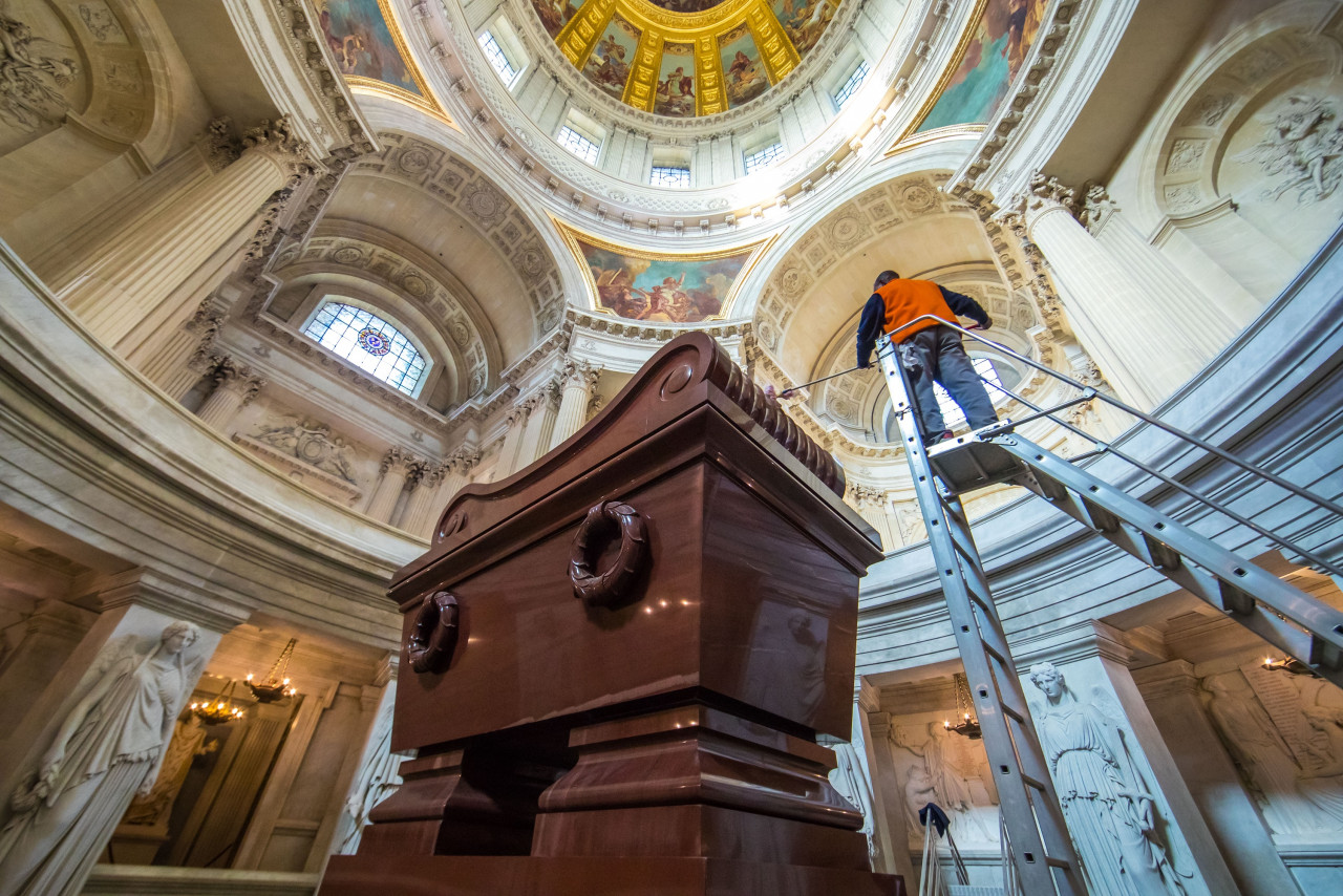 A worker cleaning the tomb of Napoleon I during the final restoration works under the Dome des Invalides, where his body lies under six separate sarcophagi at the Saint Louis des Invalides Cathedral in Paris, France. – EPA pic, April 27, 2021