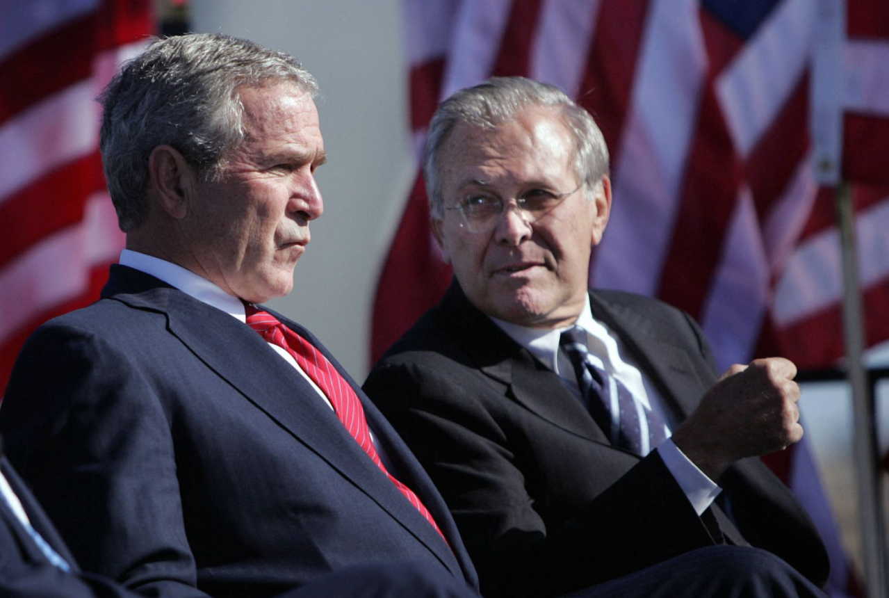 George W. Bush (left) with Donald Rumsfeld at a US Air Force memorial service in Arlington, Virginia, in 2006. – AFP pic, July 1, 2021