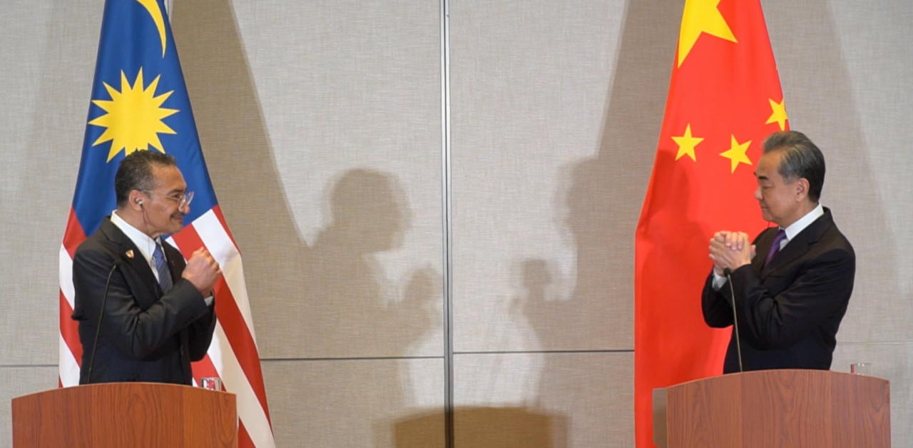 Foreign Minister Datuk Seri Hishammuddin Hussein with his Chinese counterpart Wang Yi at a press conference, where he sparked controversy with his ‘big brother’ remark. – Hishammuddin Hussein Twitter pic, June 4, 2021