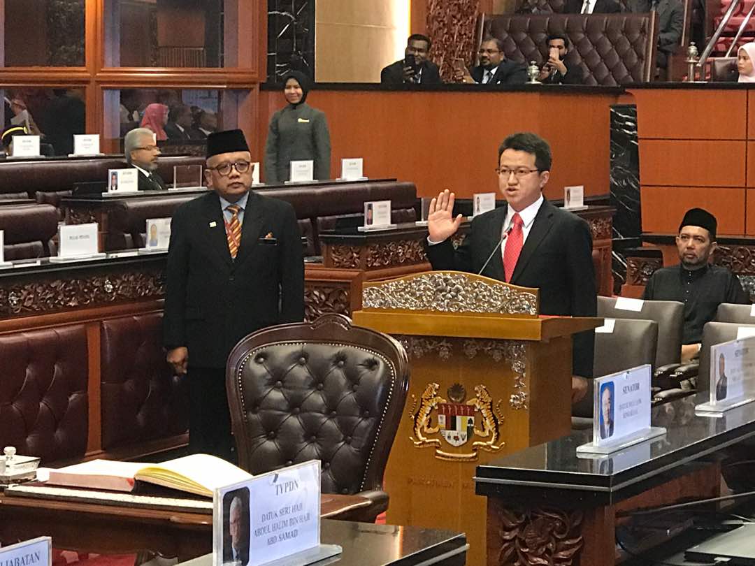Liew Chin Tong taking his oath as senator on July 17, 2018. Parties have yet to find a way to accommodate each other in a political system that will result in Malaysian society moving forward, says the senator. – Defence Ministry pic, February 7, 2021