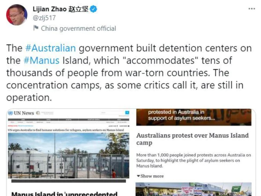 A Twitter post by China government spokesman Zhao Lijian attacking the Australian government recently.  – Twitter pic, April 5, 2021