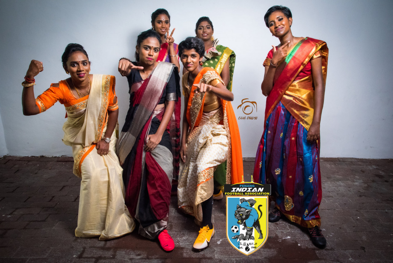 Players of the PIFA women’s league in colourful sarees – with football boots underneath their pleats – and matching bangles. – PIFA Facebook pic, July 8, 2021