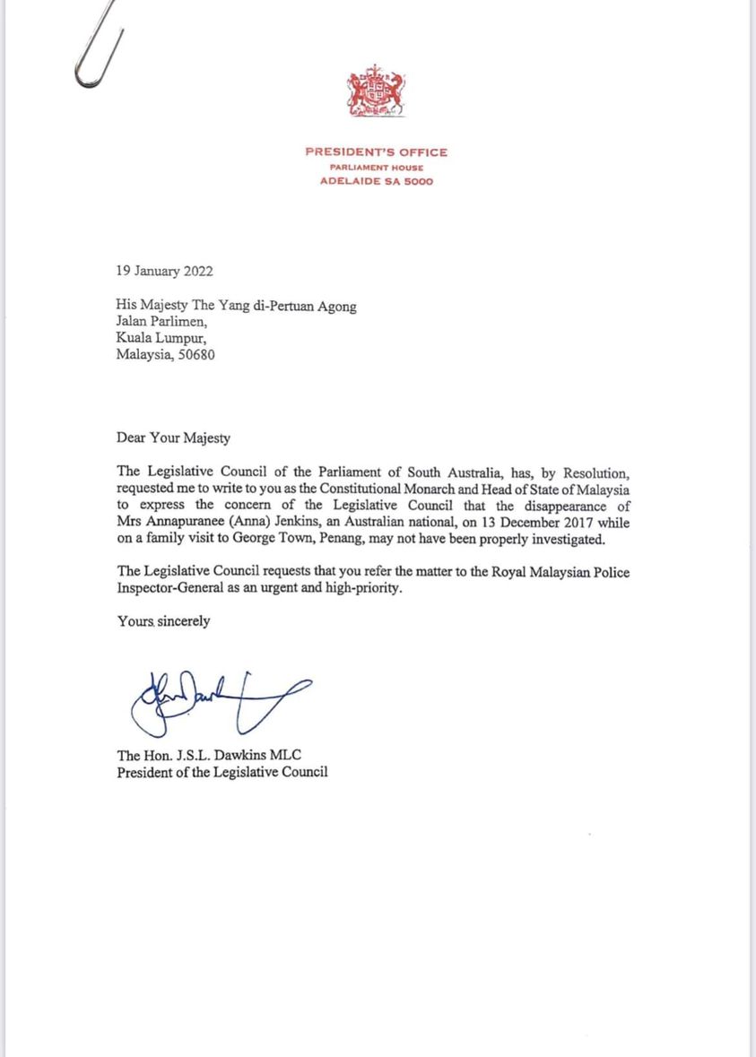 The letter which was dispatched by the South Australian Parliament to the Yang di-Pertuan Agong seeking the king’s help over Annapuranee Jenkins’ case. – Pic courtesy of Jenkins’ family Facebook, February 20, 2022 