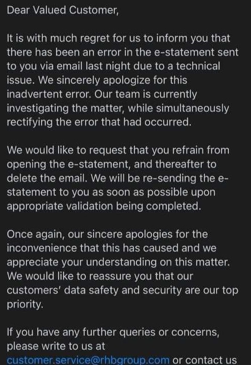 The email sent out by RHB to its customers following its ‘technical issue’. – Screen grab, June 18, 2021