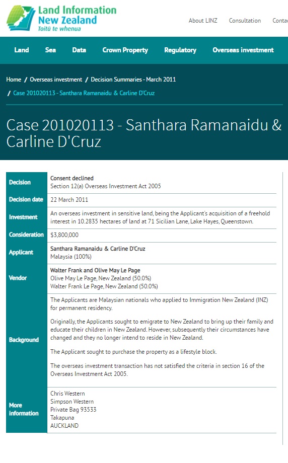 Information on the New Zealand government’s Land Information New Zealand portal and Companies Register showing Datuk Seri Edmund Santhara Kumar’s dealings with government departments there. – Screen grab, March 2, 2021