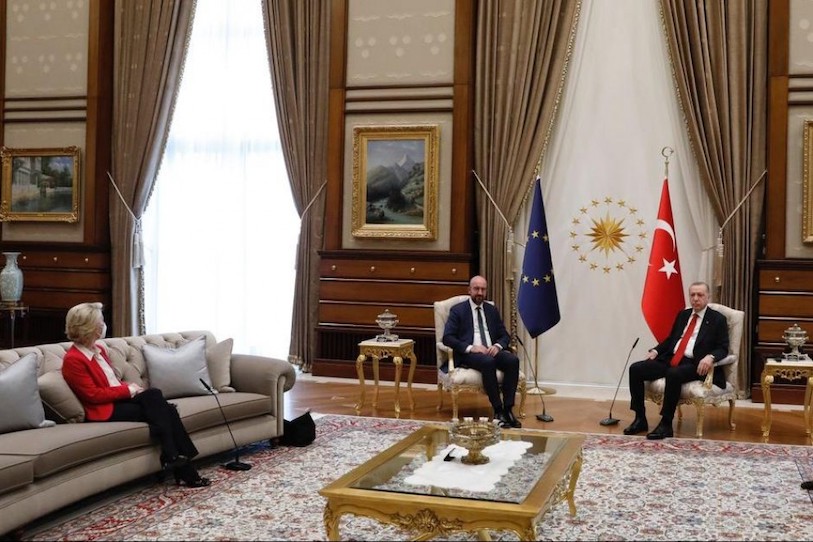 Official images later showed Ursula von der Leyen seated on a sofa adjacent to the men. – AFP pic, April 9, 2021