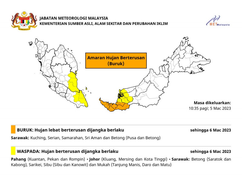 Severe heavy rain expected in S’wak, Pahang, Johor until Monday: MetMalaysia