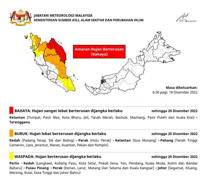Continous rain warning in eight states until Dec 20: MetMalaysia 