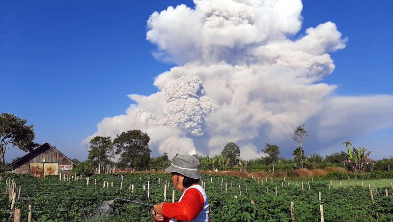 Indonesia’s erupting Sinabung volcano belches column of ash