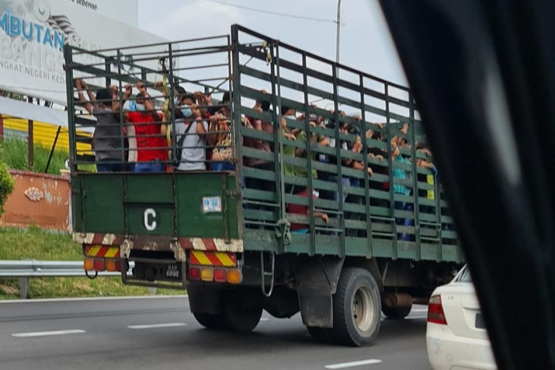 Photos of workers wearing pink wristbands crammed on lorry spark anger