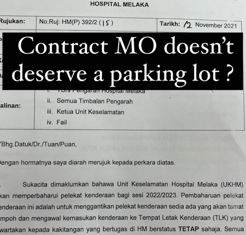 Not about you: Melaka Hospital clarifies contract doctors’ parking issue