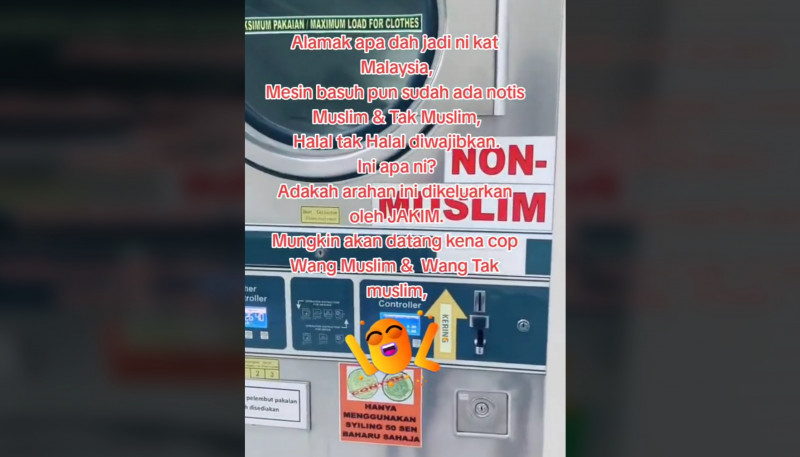 Clip shows laundromat with separate washing machines for Muslims, non-Muslims