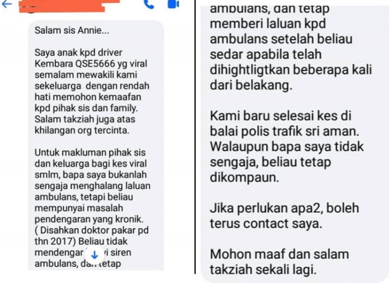 Child of driver accused of blocking ambulance apologises to wife of deceased patient