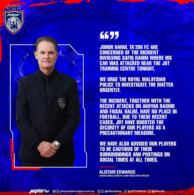 JDT tightens security for its players after attack on Safiq Rahim