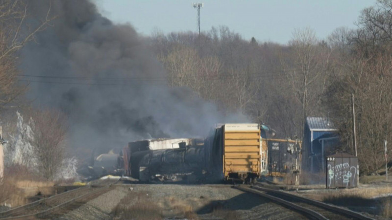 US cargo train derails, causing huge fire, leaking hazardous gas