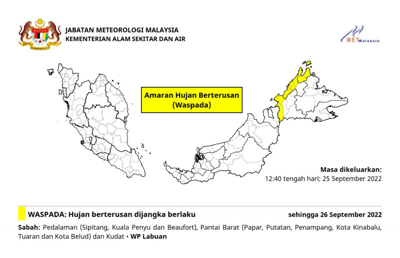 Continuous rain warning in Sabah, Labuan until tomorrow: MetMalaysia