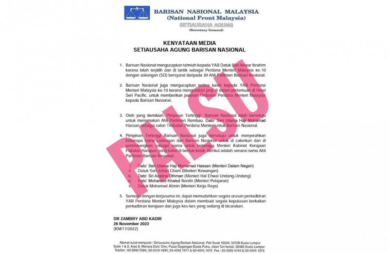 Statement on BN proposal to appoint five Umno MPs as ministers fake