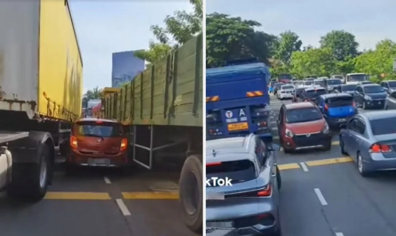 Wrong-way Axia driver trapped between two lorries in Johor traffic incident
