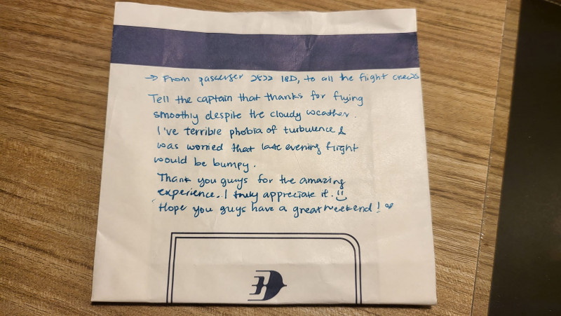 MAS passenger pens thank you note for smooth flight