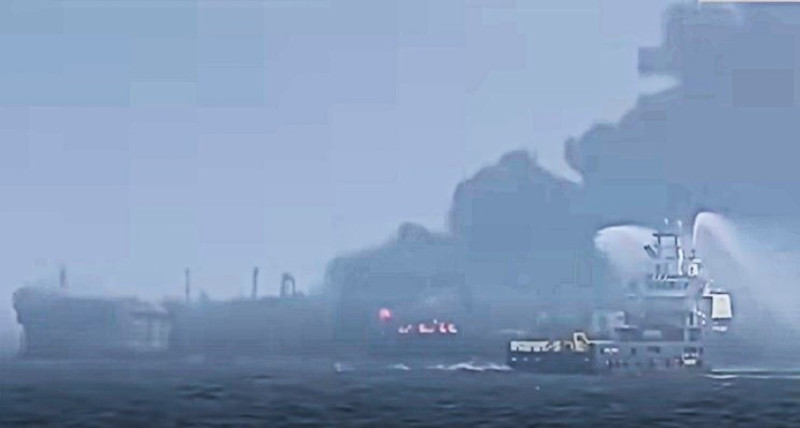 Tanker hired by US military ablaze off UK after hit by container ship