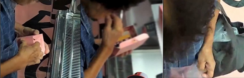 Woman ‘taste tests’ goods at dessert-sharing kiosk