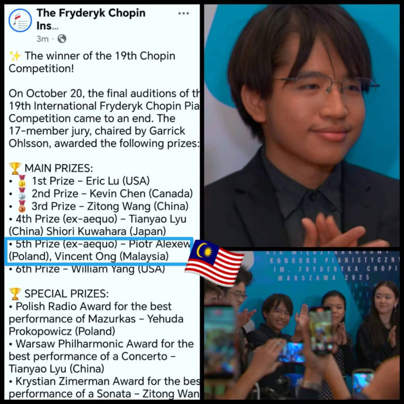Malaysian pianist clinches fifth spot at world-renowned Chopin competition in Poland