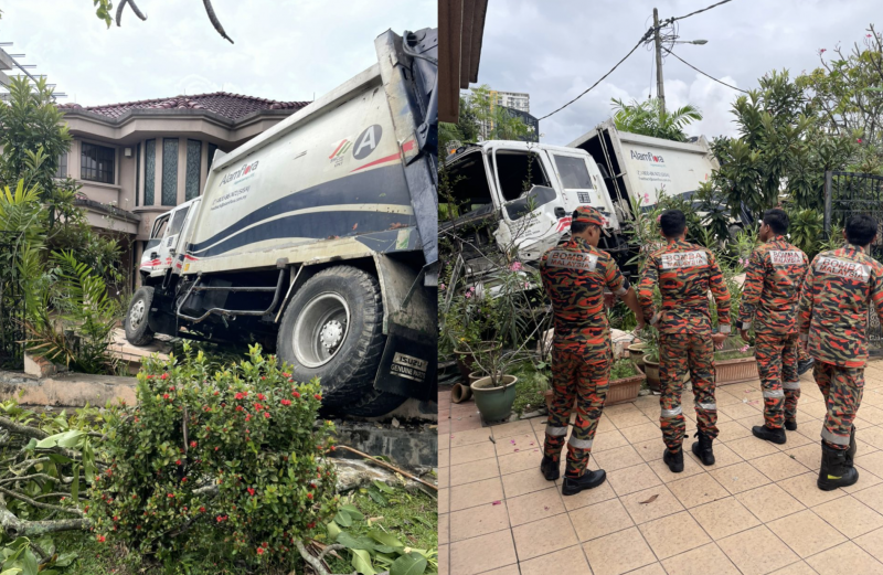 Family of three, helper escape unhurt after garbage truck crashes through wall