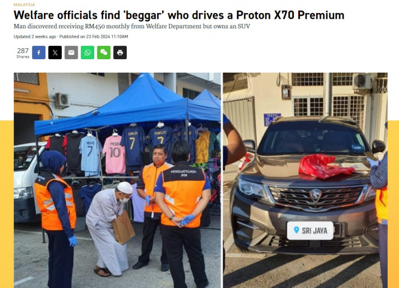 JKM stops aid for ‘beggar’ who owns Proton X70 and earns RM2k a month