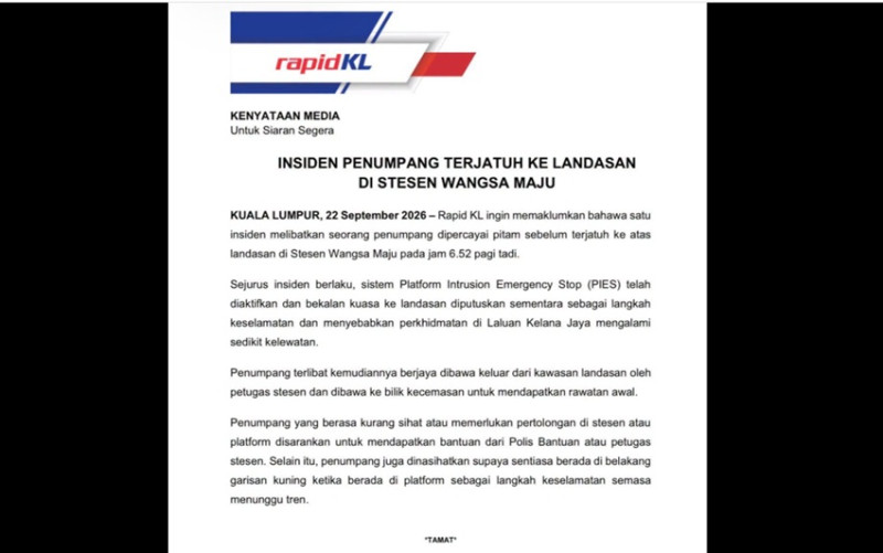 Passenger faints, falls onto tracks at Wangsa Maju LRT station