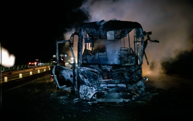 Express bus catches fire after accident, seven escape with minor injuries