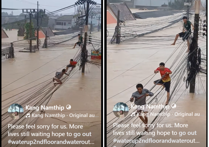 Trio risk their lives by crawling across electrical cables to escape floods in Hatyai