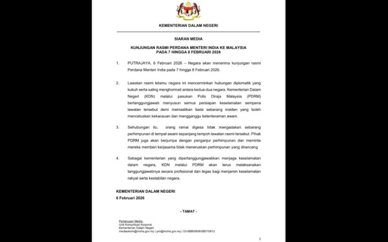 Home Ministry urges public to avoid gatherings during Indian PM's visit