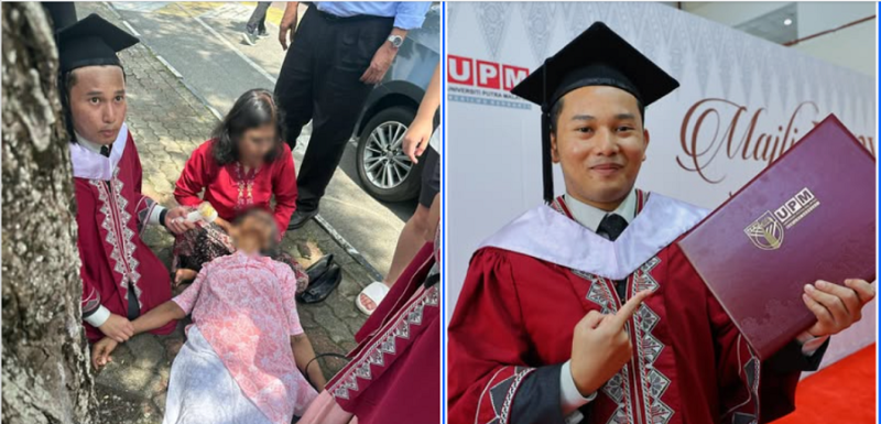 Still in his convocation gown, fresh medical grad swings into action to help collapsed woman