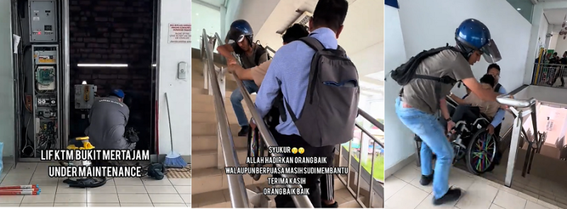 Duo help carry man in wheelchair to upper floor after lift breaks down