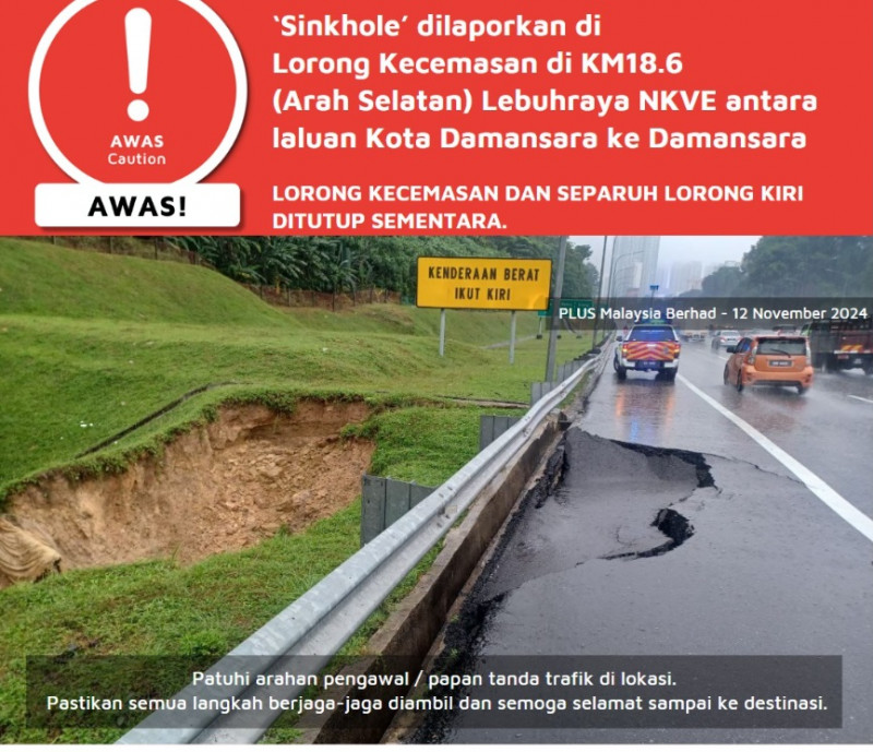 Sinkhole appears on NKVE after downpour 