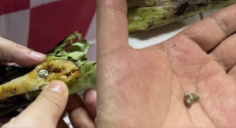 Man almost swallows screw while eating grilled glutinous rice