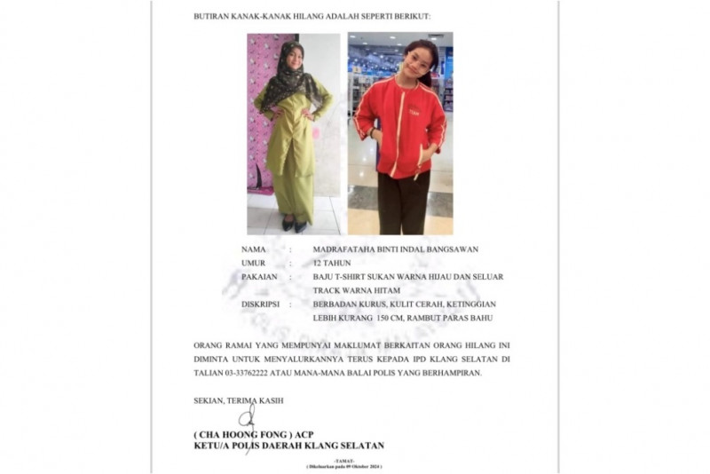 Police launch search for missing 12-year-old girl in Klang