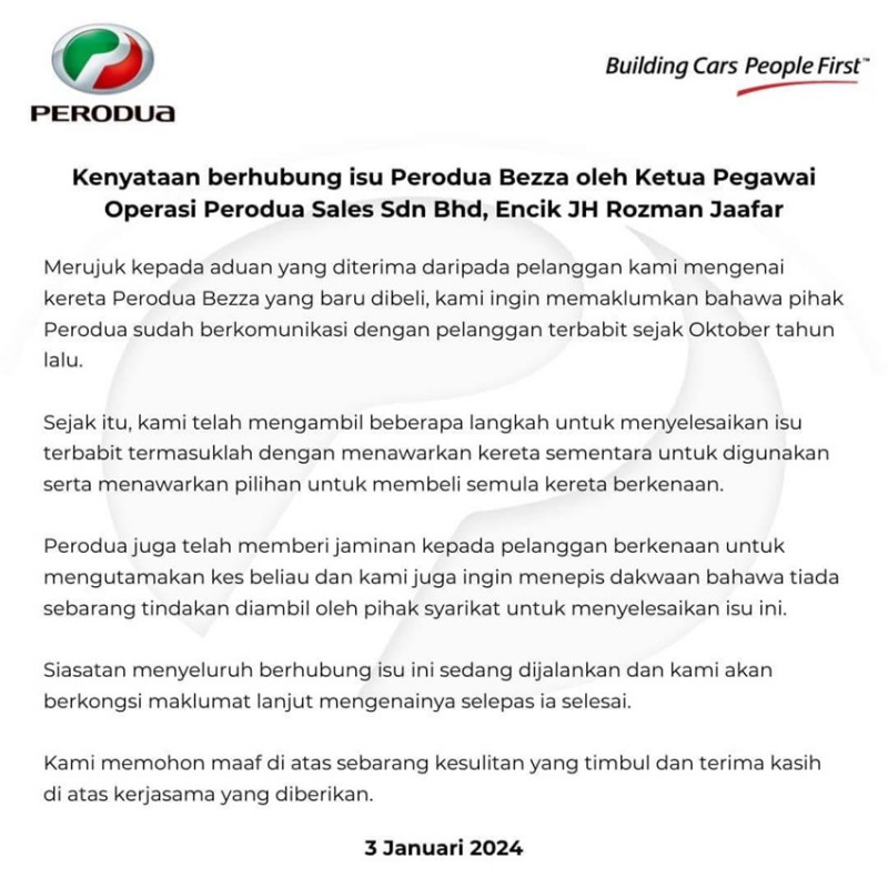 Perodua responds to Bezza buyer: She says problem remains unresolved 