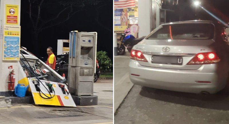 Johor: Singapore car allegedly drives off with attached fuel nozzle, petrol pump badly damaged