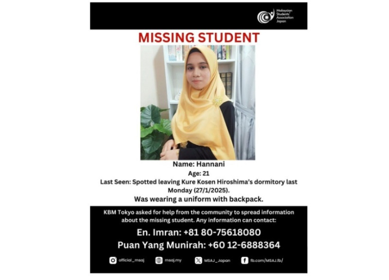 Malaysian student in Japan reported missing